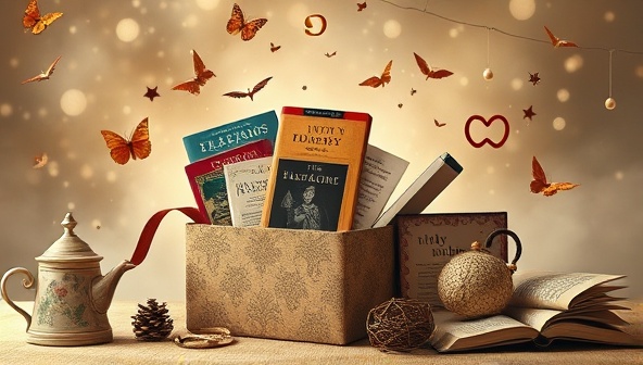 An elegant digital collage showcasing a variety of e-books floating out of a magical subscription box, accompanied by literary-themed trinkets like bookmarks, tea blends, and cozy reading nook essentials, evoking a sense of wonder and literary delight.