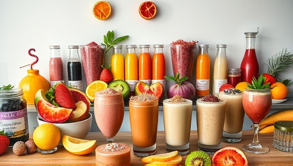 An aesthetically pleasing smoothie artistry bar setup with vibrant displays of fresh fruits, superfood powders, and decorative garnishes, surrounded by artistic smoothie creations in colorful glassware, exuding a sense of creativity and wellness in culinary artistry.