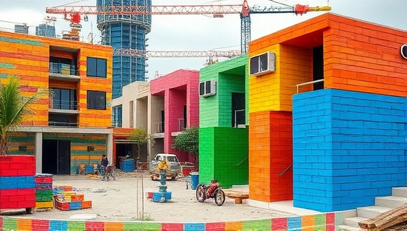 A construction site featuring buildings constructed with colorful recycled plastic bricks and panels, showcasing the vibrant and eco-friendly nature of PlasTech Builds' building materials in a sustainable urban setting.