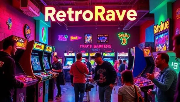 A vibrant image of RetroRave Arcade showcasing colorful retro arcade cabinets, neon lighting, themed decor inspired by classic video games, and a group of enthusiastic gamers enjoying multiplayer competitions, capturing the essence of nostalgic gaming experiences and social interactions.