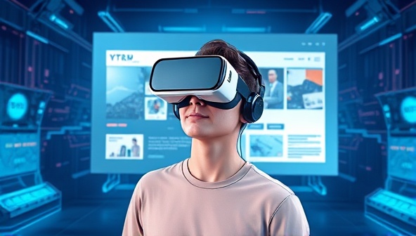 An illustration of a person wearing a VR headset, exploring a virtual representation of a website design, surrounded by futuristic digital elements, conveying the immersive and interactive experience of VRWebStages.