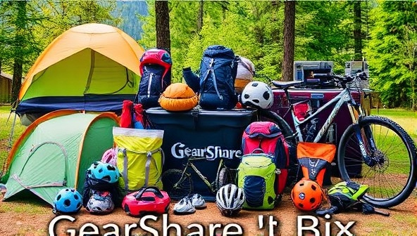A dynamic image showcasing a diverse collection of outdoor gear items such as tents, backpacks, climbing gear, and biking accessories arranged in a visually appealing outdoor setting, highlighting the versatility and accessibility of outdoor equipment available through GearShare Exchange.