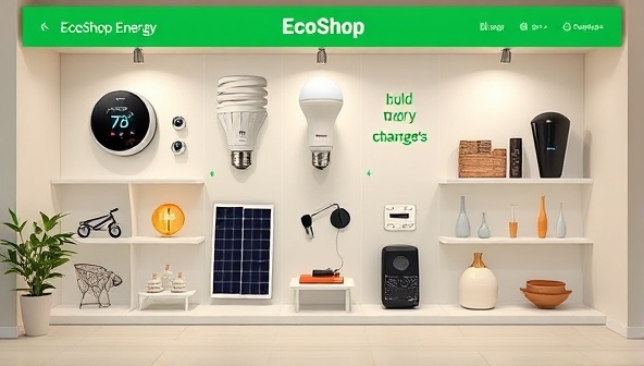 An aesthetically pleasing digital storefront layout featuring a variety of energy-efficient products like smart thermostats, LED bulbs, solar chargers, and eco-friendly home accessories, creating a visually appealing and eco-conscious shopping experience on EcoShop Energy.