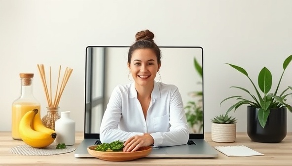 A virtual wellness coaching session featuring a coach providing guidance and support to a client via video call, with healthy lifestyle essentials in the background, creating a serene and motivating wellness environment.