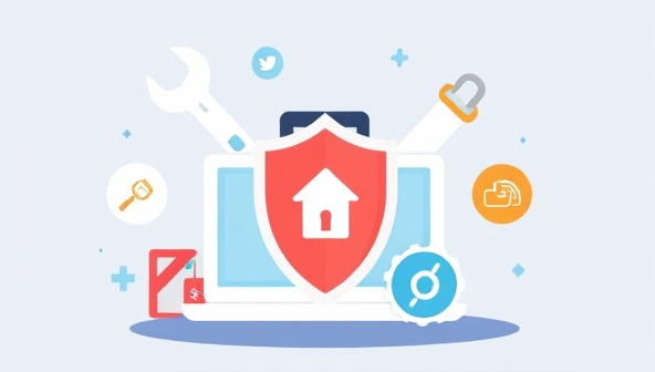 An illustration depicting a website shielded by a maintenance toolkit, with tools like a wrench, security lock, and update icons, symbolizing the comprehensive support and protection offered by SiteCarePro for hassle-free website maintenance and management.