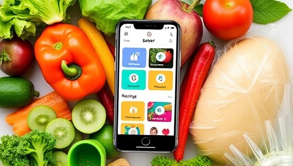 A smartphone screen displaying the Plate Saver app interface with colorful icons for meal planning, pantry organization, and recipe suggestions, surrounded by fresh produce and food items, symbolizing efficiency, sustainability, and mindful consumption in a digital age.