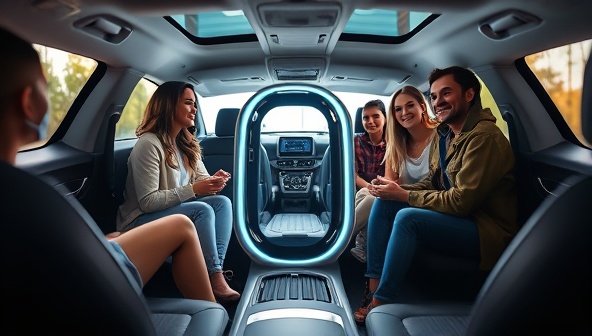 A sleek, futuristic pod placed in a car interior, emitting a soft, sanitizing glow, with a diverse group of passengers entering the car confidently, emphasizing the cleanliness and safety provided by CleanWheels Pods.