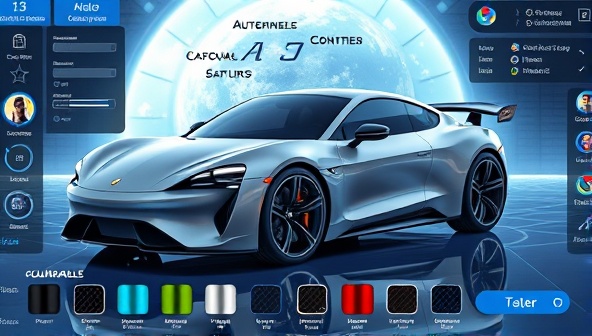 An engaging digital illustration showcasing a sleek, customized virtual car on a futuristic background, highlighting various customizable features and color options for users to explore.
