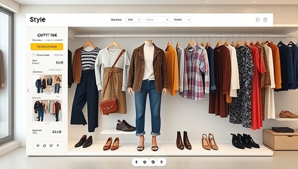 A sleek and modern virtual styling platform interface showing outfit suggestions on a digital closet background, with a diverse range of clothing items and accessories, creating a visually appealing and user-friendly experience.