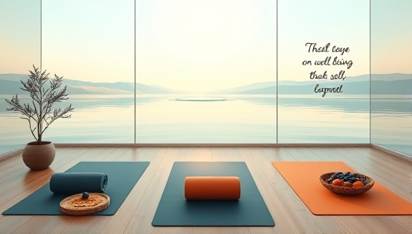 A serene virtual wellness session depicted by a peaceful digital environment with calming colors, yoga mats, healthy food visuals, and motivational quotes, reflecting a holistic approach to well-being and self-care.