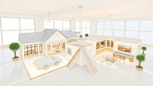 An illustrative representation of a virtual real estate tour with 3D property models, interactive floor plans, and virtual reality technology, providing a modern and immersive experience for clients exploring properties online.