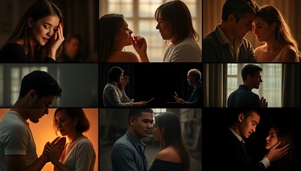 A series of emotionally evocative visuals depicting human connections, impactful experiences, and heartfelt moments, symbolizing the power of emotion-driven storytelling and brand narratives offered by EmotiNarrative in their creative services.