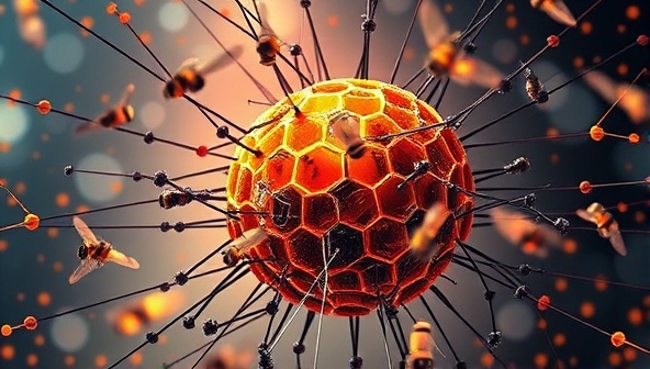 An artistic depiction of a digital hive buzzing with activity, symbolizing a dynamic and interconnected marketplace where niche freelancers offer specialized services, connecting businesses with unique talent and fostering innovation and collaboration in the gig economy.