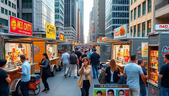 A vibrant scene with multiple food trucks lined up in a bustling city street, showcasing colorful menus and people sampling various dishes, creating a dynamic and diverse food experience.