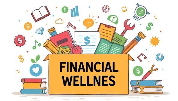 An artistic illustration of a vibrant and educational financial wellness box filled with financial tools, books, and resources, surrounded by financial icons and symbols conveying learning and empowerment in personal finance.