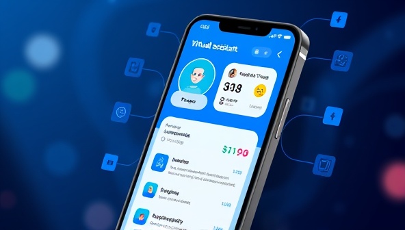 An illustration of a virtual assistant interface on a smartphone screen, displaying financial insights, personalized recommendations, and budget tracking features, with a friendly AI avatar providing advice and tips, creating a futuristic and user-friendly financial management experience.
