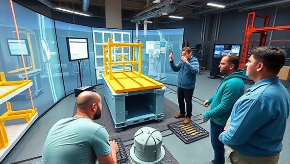 An immersive virtual manufacturing simulation environment with students interacting with digital models and equipment, guided by instructors in a collaborative online learning setting, demonstrating the interactive and educational nature of the training program.