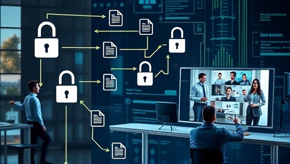 A digital workspace with virtual audit tools, encrypted data transfer symbols, a team collaborating on audit files remotely, and a virtual meeting screen showing auditors and clients discussing audit findings, representing secure and efficient remote audit support services.