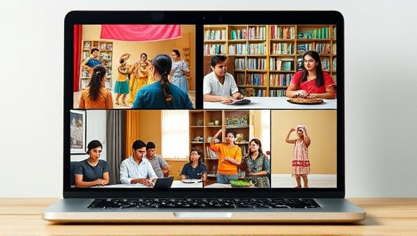 A laptop screen split into multiple virtual sessions showcasing diverse cultural activities, including a dance workshop, a language exchange session, a cooking class, and a craft demonstration, illustrating a vibrant and immersive cultural experience.