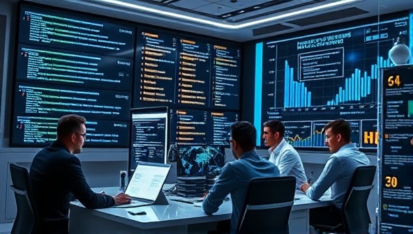 A futuristic office environment with digital screens displaying blockchain codes and diagrams, a team of tech experts brainstorming blockchain solutions, and a digital currency price ticker in the background, symbolizing innovation and forward-thinking blockchain advisory services.