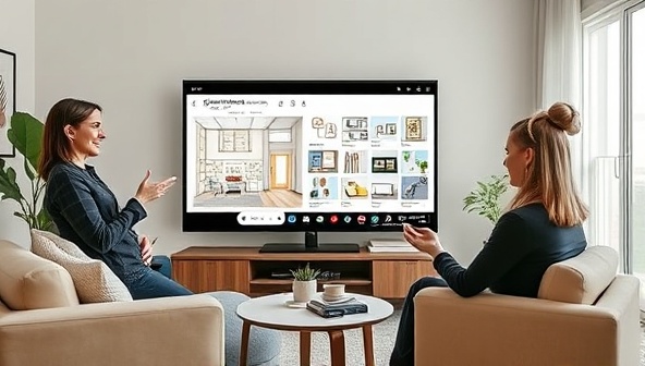 A digital mockup of a virtual interior design consultation session, featuring a designer presenting a detailed room layout, color scheme options, and furniture recommendations on a virtual screen to an enthusiastic client, showcasing the convenience and creativity of remote design services in a stylish and modern setting.