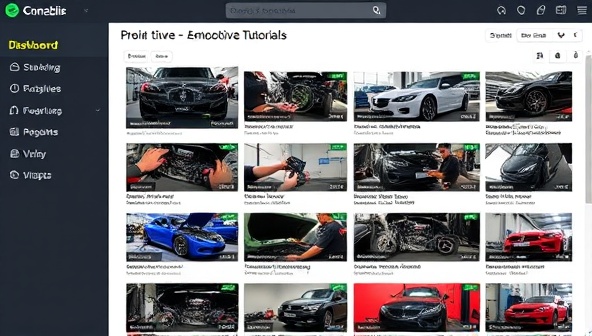 An online dashboard featuring a diverse array of automotive tutorial videos, with thumbnails showcasing different repair techniques, engine modifications, and car tuning processes, conveying a wealth of knowledge and expertise.