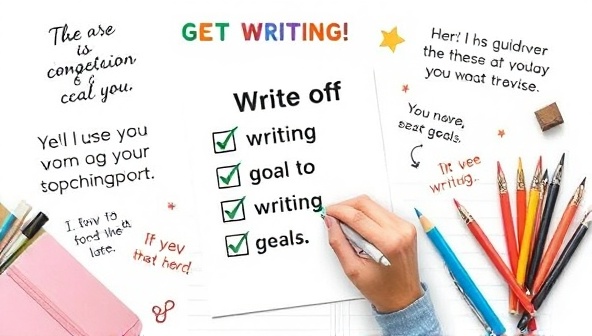 A motivational graphic depicting a writer crossing off writing goals on a checklist, surrounded by encouraging quotes and writing tools, symbolizing progress, achievement, and the support provided by the coaching service in guiding writers towards their writing aspirations.