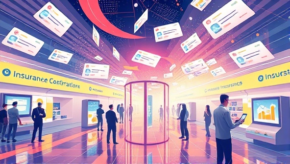 A dynamic digital illustration showcasing a virtual marketplace where insurance quotes float in the air, with users interacting and comparing quotes on futuristic devices, symbolizing the seamless and futuristic experience of insurance shopping on the QuoteSwift platform.