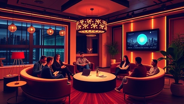An online platform design featuring a virtual crypto club lounge with members networking, attending webinars, and discussing investment strategies, creating a dynamic and interactive space for crypto enthusiasts to learn and grow together.