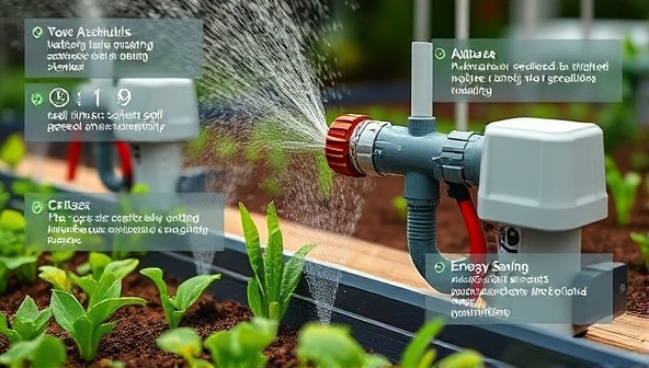 An innovative smart irrigation system in action, showing automated watering schedules, real-time soil moisture monitoring, and energy-saving features, highlighting the efficiency and eco-friendliness of the technology.