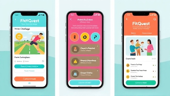 An engaging screenshot of the FitQuest app interface showing a user completing a virtual fitness challenge, earning achievement badges, and connecting with friends for a friendly competition, illustrating the interactive and motivating features of the app.