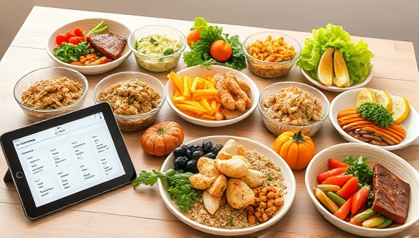 An assortment of colorful, freshly prepared meals neatly arranged on a table, accompanied by a tablet displaying the customized meal planning service interface, highlighting convenience and healthy eating.