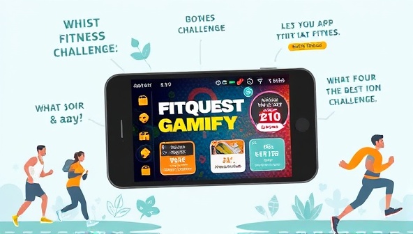 An illustration of a smartphone displaying the FitQuest Gamify app interface, with a mix of gaming elements and fitness challenges, surrounded by motivational quotes and images of people engaging in physical activities, inspiring users to join the fitness challenge.