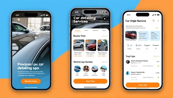 A vibrant and dynamic visual of a mobile app interface displaying a variety of car detailing services, with images of sparkling clean cars, convenient booking options, and satisfied customer reviews, reflecting the app's efficiency and convenience.