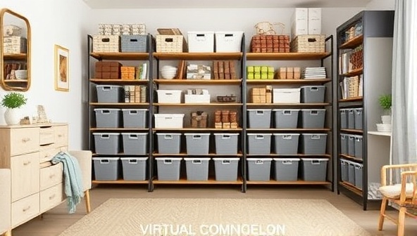 An organized and clutter-free room with stylish storage solutions, labeled bins, and neatly arranged shelves, conveying a sense of calm and order in a well-organized living space, inspiring viewers to seek virtual home organization consultations.