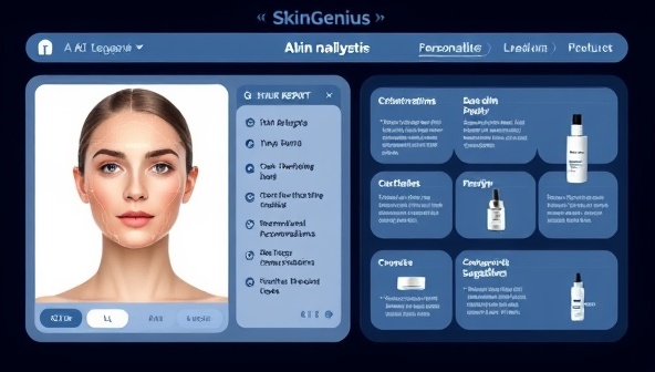 An interactive AI skin diagnostic tool interface displaying a detailed skin analysis report, personalized skincare recommendations, and product suggestions, highlighting the intelligent and informative nature of SkinGenius AI for skincare analysis and advice.