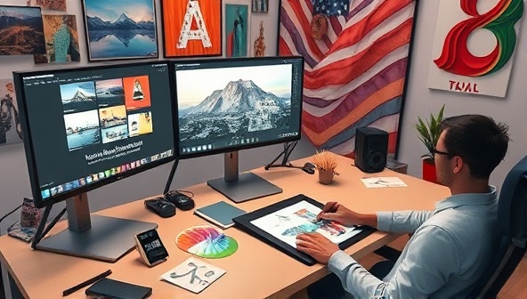A virtual design studio setup, with multiple computer screens displaying design projects in progress, an artist sketching on a digital tablet, color swatches and design tools on the desk, and creative artwork adorning the walls, exuding a vibrant and artistic atmosphere of design innovation and creativity.