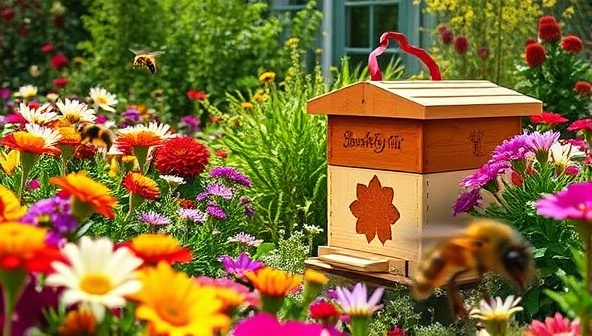 A serene image of a lush garden with colorful flowers and a beautifully designed beehive from the BuzzHive Kits, surrounded by buzzing bees pollinating the blooms, creating a harmonious and picturesque scene of nature, with a subtle logo of BuzzHive Kits symbolizing sustainability and bee-friendly practices.