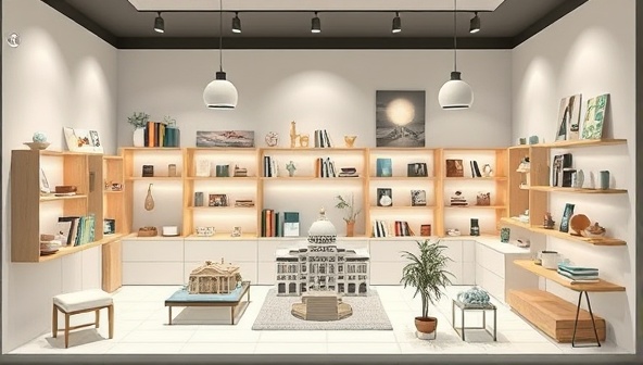 An artistic display of a virtual architectural concept store showcasing a variety of products, including miniature architectural models, design books, stylish home decor items, and architectural-inspired gifts, conveying elegance and creativity in architecture-themed products.