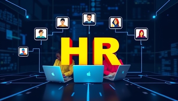An image of a virtual HR team collaborating on a digital platform, with diverse avatars representing different HR functions like recruitment, training, and compliance, symbolizing efficiency and remote connectivity.