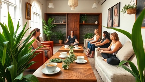 A cozy café setting with plush seating, green plants, steaming cups of herbal tea, and guests enjoying yoga sessions or meditation circles, evoking a sense of tranquility and well-being in a peaceful oasis.
