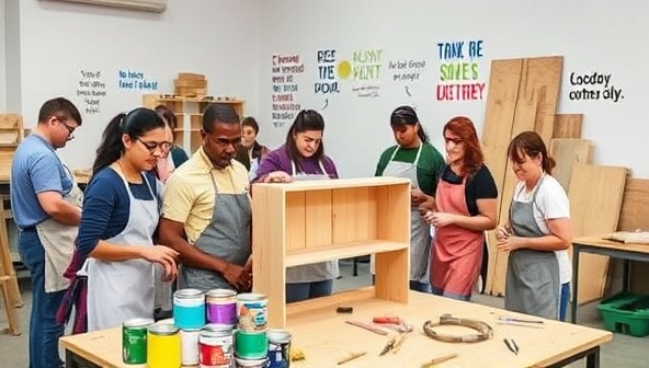 An interactive DIY workshop setting with participants wearing aprons and using tools to build a wooden shelf, surrounded by colorful paint cans, carpentry materials, and inspirational quotes on the walls, fostering creativity and collaboration in a hands-on learning environment.