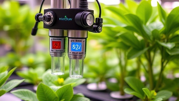An advanced nutrient dispensing system in action, with sensors monitoring plant health and nutrient levels, showcasing the precision and efficiency of NutriFlow Automation's automated solution.