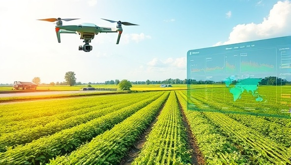 A futuristic farm landscape with drones flying overhead, IoT sensors in the fields, and a digital control panel displaying real-time crop data, illustrating the innovative and tech-driven approach of AgriTech Innovate.