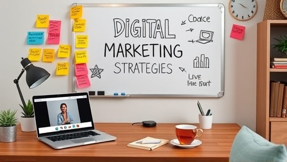 A cozy home office setup with a whiteboard displaying digital marketing strategies, surrounded by colorful sticky notes with marketing tips, a laptop showing online tutorials, and a cup of tea, creating a welcoming and educational atmosphere for digital marketing training.