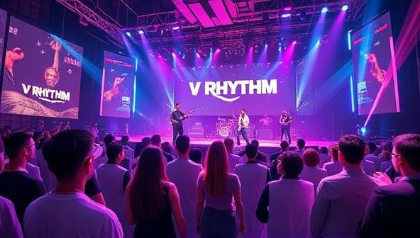 A dynamic visual representation of a virtual reality concert setting, with a crowd of avatars enjoying a live performance on a futuristic stage, surrounded by vibrant lights and special effects, capturing the immersive and interactive essence of VRhythm's platform.