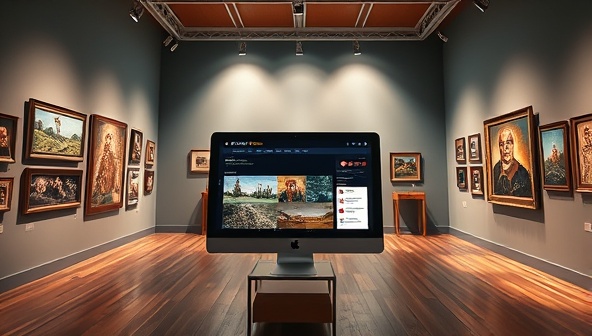 An artistic representation of a virtual art gallery tour experience, with a digital interface showing a selection of artworks, a live event chatroom with art experts, and a virtual gallery setting that immerses subscribers in an interactive and educational art journey, capturing the essence of ArtWanderer's innovative art platform.