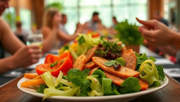 An appetizing image of a sustainable food tour in progress, featuring fresh local produce, organic dishes, and culinary delights from a farm-to-table restaurant, capturing the essence of sustainable gastronomy and local culinary experiences with Green Gastronomy Tours.