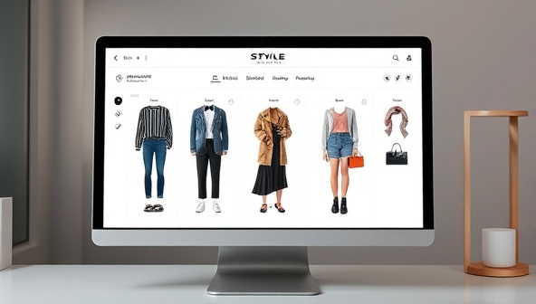 A sleek and modern virtual styling interface on a computer screen, displaying various outfit combinations and accessory options, set against a stylish background to evoke a sense of fashion-forward innovation.