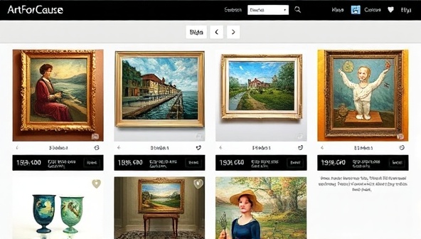 An elegant digital gallery showcasing a variety of art pieces available for auction on ArtForCause, with detailed descriptions and bidding options displayed next to each artwork, creating a sophisticated and artistic online auction experience for users.